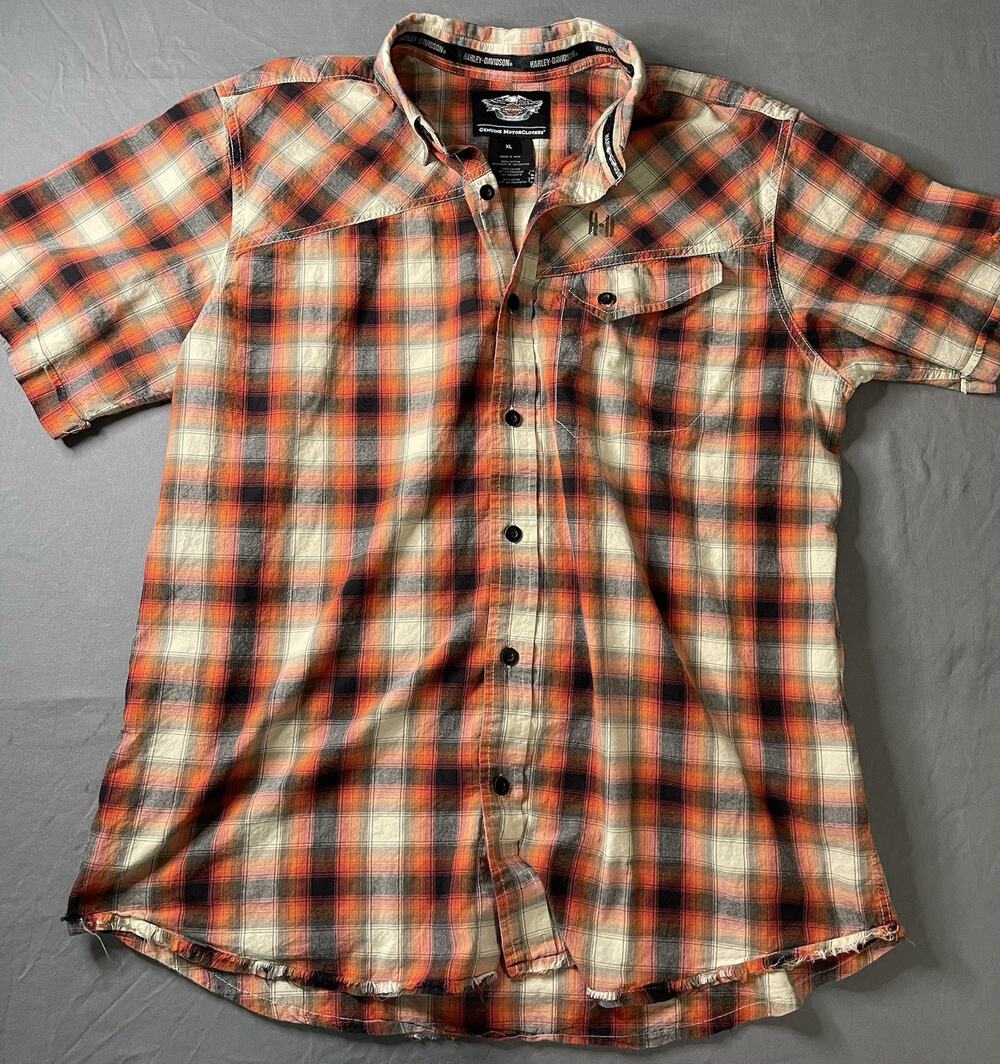 Harley-Davidson Men’s XL Orange Plaid Short Sleeve Shirt 96105-16VM Distressed